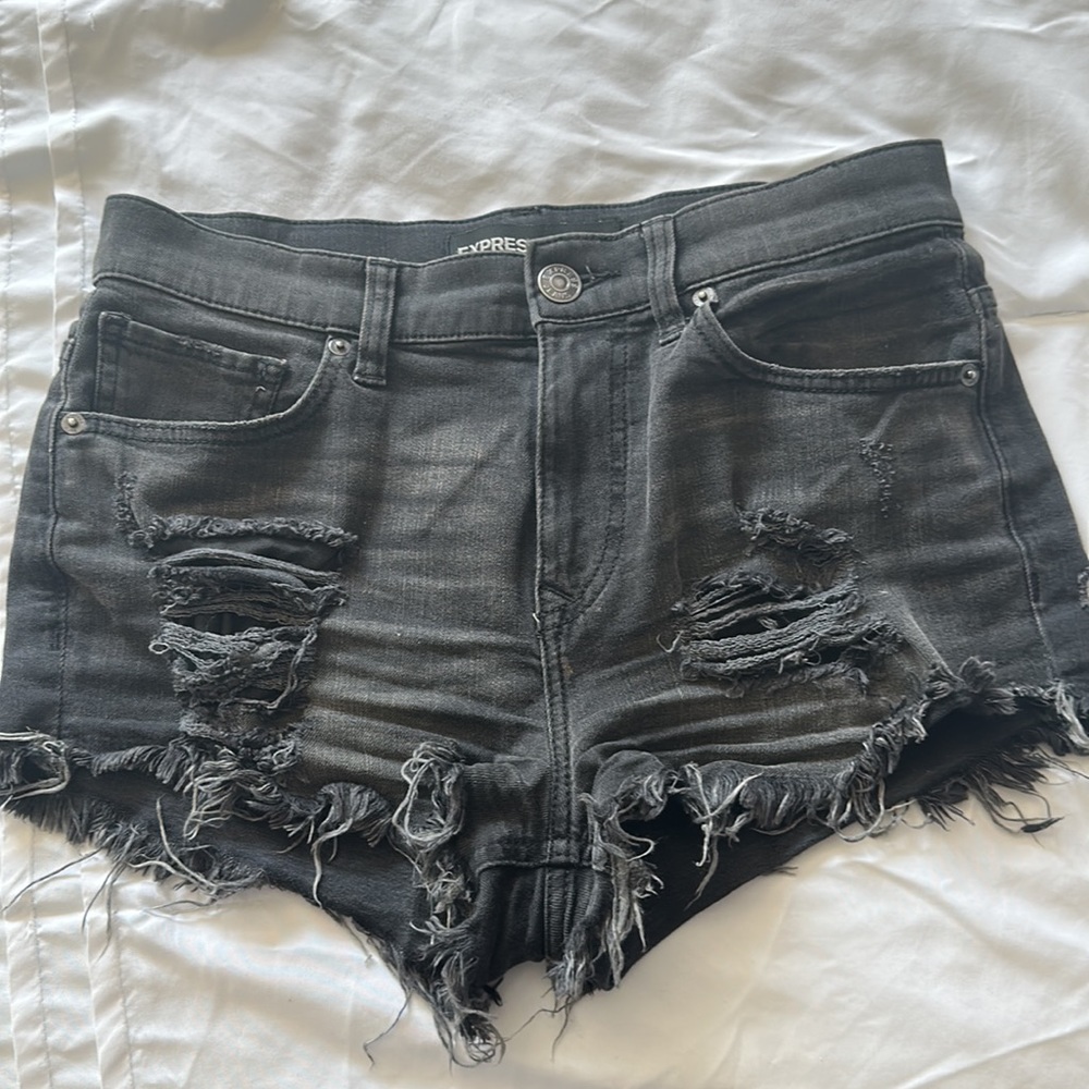 Express Black/Dark Gray Ripped Distressed Shorts - Picture 1 of 4